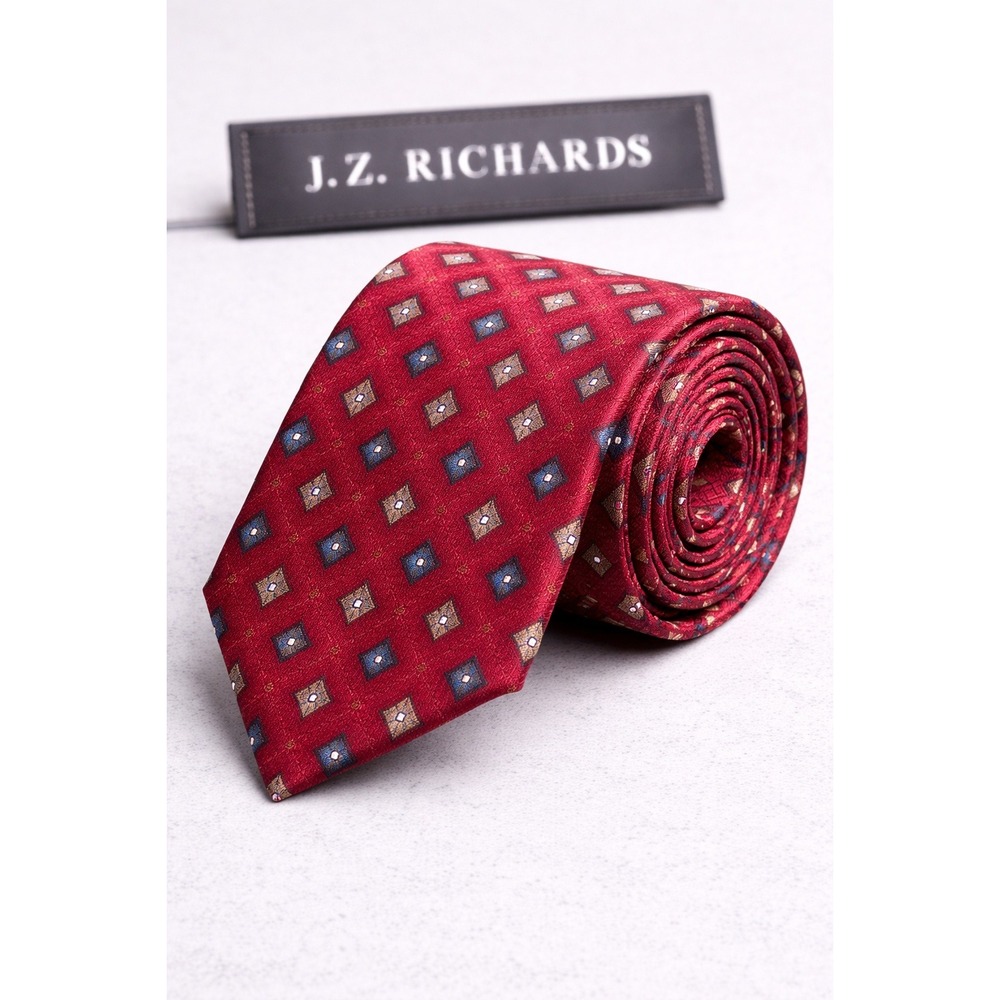 J.Z. Richards Mens Red Silk Geometric Diamond Pattern Necktie Made in USA